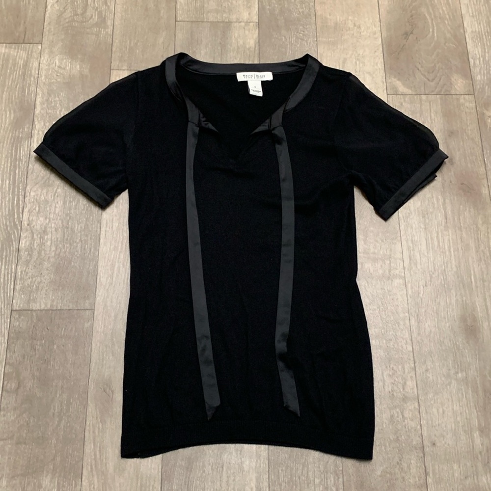 White House Black Market Silk Blend Sheer Tie Front Black Top Shirt